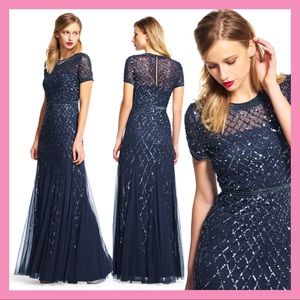 New Adrianna Papell beaded short sleeve mesh gown